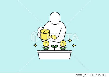 お金に見立てた植物や花に水をやる人のシンプルなベクターイラスト。投資のイメージ。 118745915