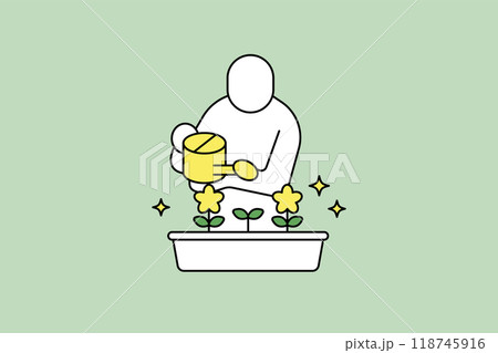 植物や花に水をやる人のシンプルなベクターイラスト。植物を育てる。 118745916
