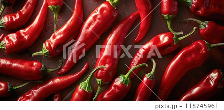 Fresh Red Chili Peppers With Vibrant Colors on a Dark Background 118745961