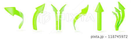 Green arrows 3d render icon set. Direction pointer up, left and right. Double and triple arrows, curved lines and bifurcation, website design elements isolated on white background. 3D illustration Green arrows 3d render icon set. Direction pointer up, left and right. Double and triple arrows, curved lines and bifurcation, website design elements isolated on white background. 3D illustration 118745972