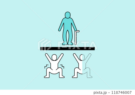 高齢者を支える、税金の負担に押しつぶされそうな人々のシンプルなベクターイラスト。少子高齢化。 高齢者を支える、税金の負担に押しつぶされそうな人々のシンプルなベクターイラスト。少子高齢化。 118746007