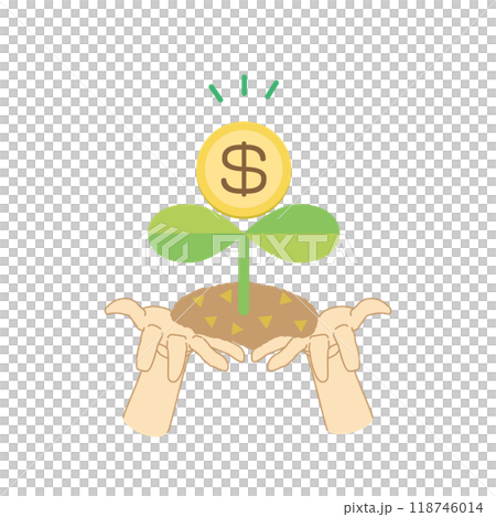 兩隻手拿著一顆豆芽的彩色插圖,上面有一美元硬幣 兩隻手拿著一顆豆芽的彩色插圖,上面有一美元硬幣 118746014