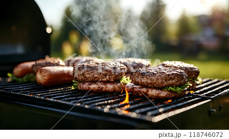 Beef or pork meat barbecue burgers for hamburger prepared grilled on bbq fire flame grill. AI Generated. 118746072