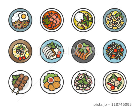 タイ料理のアイコン（線画カラー）のイラストセット 118746093