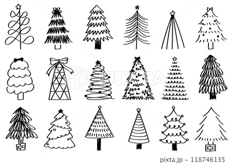 シンプルおしゃれな手書き線画のクリスマスツリーイラストセット 118746135