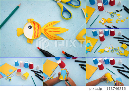 Collage diy process. Kids craft multicoloured fish from a paper coffee cup, zero waste concept. Collage diy process. Kids craft multicoloured fish from a paper coffee cup, zero waste concept. 118746216