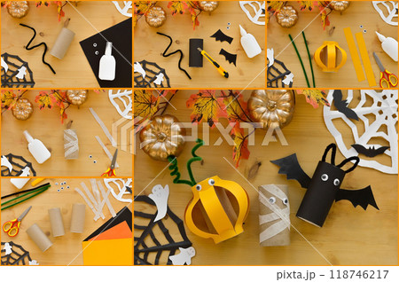 Collage halloween decoration from toilet paper roll, handmade vampire bat. easy paper crafts for kids. Collage halloween decoration from toilet paper roll, handmade vampire bat. easy paper crafts for kids. 118746217