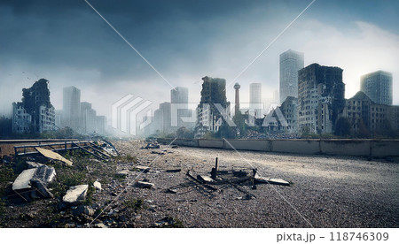 崩壊したビル群（AI生成画像） 118746309