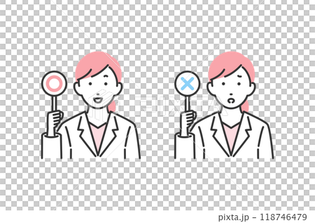 Illustration of a female doctor holding a true or false plate 118746479