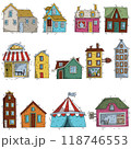 city creator. set of doodle hand drawn houses, cafeterias, shops, ready for print cool stickers for kids . 118746553