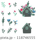 Bundle of cute houses and wilde flowers hand drawn doodle style 118746555