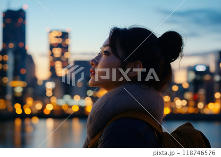 都市の夜景を眺める女性 118746576