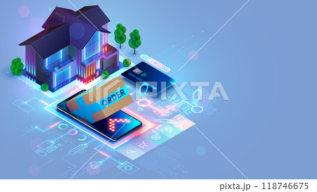 Shopping online. Internet shop in web on phone. Online store delivery service. Payment, delivery of order from Internet marketplace or online shop. Home delivery of online orders. Concept e-commerce. 118746675