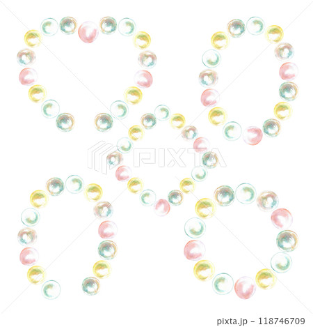 Gem compositions set of different shapes with pearls hand drawn in watercolor. Illustration of mother-of-pearl sea pearls drawn in heart, elongated oval, quadrilateral, round shapes in white, green 118746709