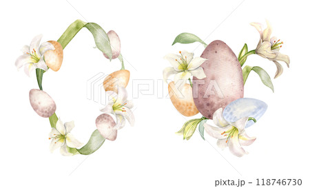 Watercolor Easter bloom frame in soft colors. Eggs and flowers lily isolated on white. White lily and leaves botanical art hand drawn. Floral wreath pastel tones. Design for Happy Easter, packaging. 118746730