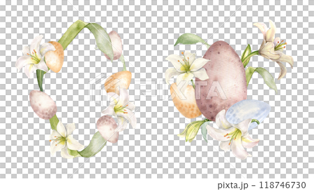 Watercolor Easter bloom frame in soft colors. Eggs and flowers lily isolated on white. White lily and leaves botanical art hand drawn. Floral wreath pastel tones. Design for Happy Easter, packaging. 118746730
