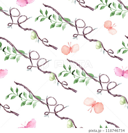 Watercolor seamless pattern of delicate branches, green leaves, and pastel butterflies isolated. Tree of hearts shape on repeating texture for textile design, wallpapers and spring-themed paper. Watercolor seamless pattern of delicate branches, green leaves, and pastel butterflies isolated. Tree of hearts shape on repeating texture for textile design, wallpapers and spring-themed paper. 118746734