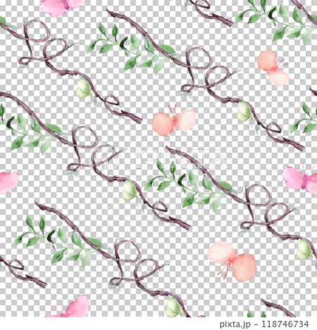 Watercolor seamless pattern of delicate branches, green leaves, and pastel butterflies isolated. Tree of hearts shape on repeating texture for textile design, wallpapers and spring-themed paper. Watercolor seamless pattern of delicate branches, green leaves, and pastel butterflies isolated. Tree of hearts shape on repeating texture for textile design, wallpapers and spring-themed paper. 118746734