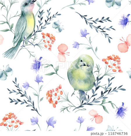 Tiny birds in green yellow colors and floral elements watercolor seamless pattern isolated. Pink butterflies, cute birdies and simple flowers in botanical sketch on repeated background for textile. 118746736