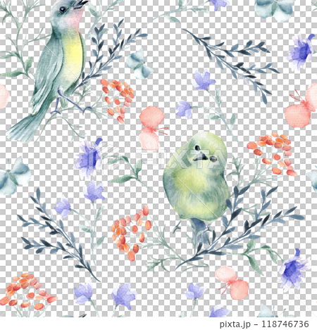 Tiny birds in green yellow colors and floral elements watercolor seamless pattern isolated. Pink butterflies, cute birdies and simple flowers in botanical sketch on repeated background for textile. 118746736