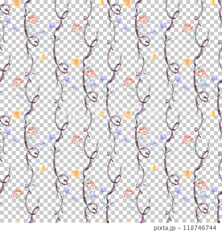 Seamless branches, flowers and hearts by watercolor pattern isolated. Vertical tree repeating background with delicate orange blue hand drawn flowers. Nature wallpaper with botanical plant elements. 118746744