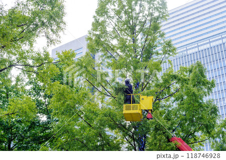 高所作業車（バケット車）、街路樹に電飾を取り付ける作業 118746928