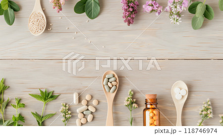 Herbal supplements and flowers with wooden spoons on a light wooden background, promoting natural health and wellness products. 118746974