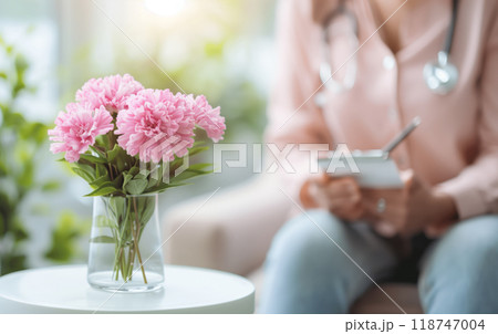Pink flowers in a vase on a table with a blurred figure in a medical setting. Ideal for healthcare or lifestyle themes. Pink flowers in a vase on a table with a blurred figure in a medical setting. Ideal for healthcare or lifestyle themes. 118747004