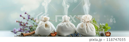 Three herbal pouches with aromatherapy steam and fresh herbs, creating a relaxing and soothing spa ambience. 118747035