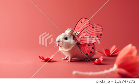 Cute hamster wearing butterfly wings, surrounded by pink flowers on a vibrant background, capturing a whimsical and dreamy moment. 118747272