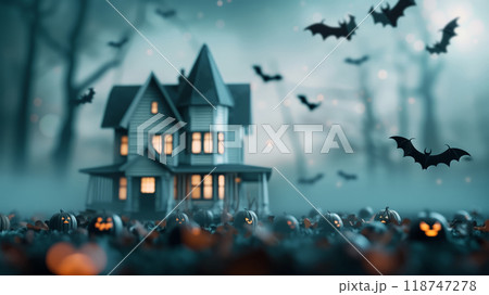Eerie haunted house with glowing jack-o'-lanterns and flying bats under a misty, moonlit sky, perfect for Halloween and spooky-themed projects. Eerie haunted house with glowing jack-o'-lanterns and flying bats under a misty, moonlit sky, perfect for Halloween and spooky-themed projects. 118747278