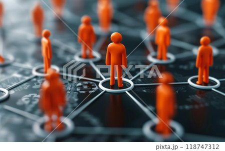 Network of orange plastic figures on a digital background symbolizing social connections, technology, data exchange, and collaboration. 118747312