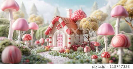 Whimsical candy-themed house surrounded by large pink mushrooms in a fantasy forest. Dreamy and magical landscape. 118747328