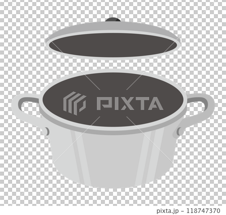 Silver stainless steel pot with open lid. Empty pot vector illustration. 118747370
