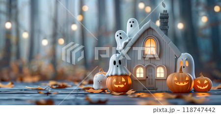 Halloween decorations of a haunted house with jack-o'-lanterns and ghost figures in a spooky forest setting with twinkling lights. 118747442