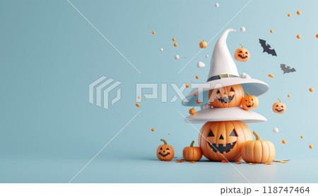 Stacked Halloween pumpkins with witch hats on a blue background, surrounded by bats and confetti, perfect for festive holiday decor. 118747464