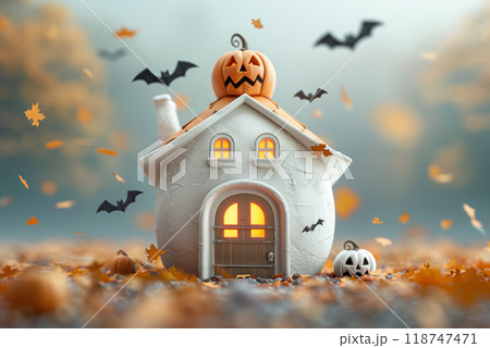 Whimsical Halloween house with pumpkin decorations and flying bats, surrounded by falling autumn leaves in a dreamy, magical setting. 118747471