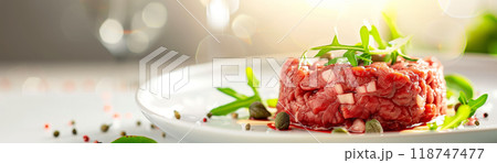 Fresh beef tartare garnished with arugula on a white plate, showcasing a gourmet meat dish in a beautifully lit setting. 118747477
