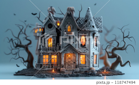 Spooky haunted house glowing at night surrounded by eerie trees, perfect for Halloween themed designs and decorations. Spooky haunted house glowing at night surrounded by eerie trees, perfect for Halloween themed designs and decorations. 118747494