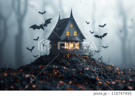 Spooky, eerie haunted house in the forest at night, surrounded by flying bats and fog, perfect for Halloween themes. Spooky, eerie haunted house in the forest at night, surrounded by flying bats and fog, perfect for Halloween themes. 118747495