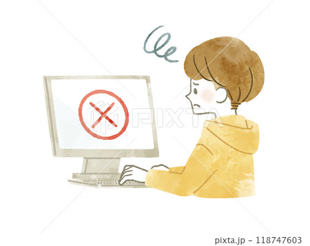 困った表情でパソコンを使っている男性-水彩 困った表情でパソコンを使っている男性-水彩 118747603