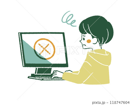 困った表情でパソコンを使っている男性-4色 118747604