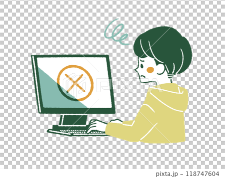 困った表情でパソコンを使っている男性-4色 118747604