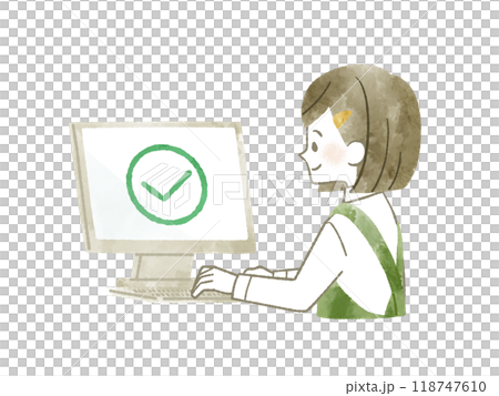 一個穿著圍裙使用電腦的女人 — 水彩 118747610