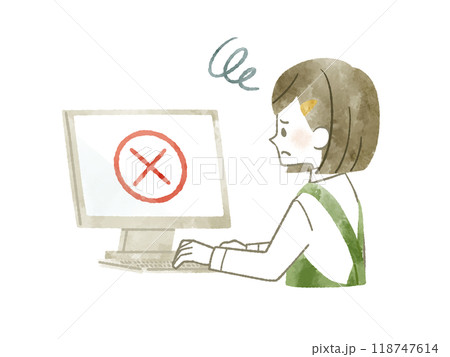 困った表情でパソコンを使っているエプロンを着用した女性-水彩 118747614