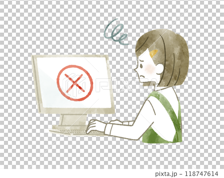 A woman wearing an apron using a computer with a troubled expression - watercolor 118747614
