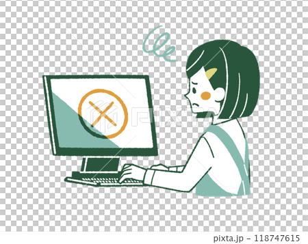 A woman wearing an apron using a computer with a troubled expression - 4 colors 118747615