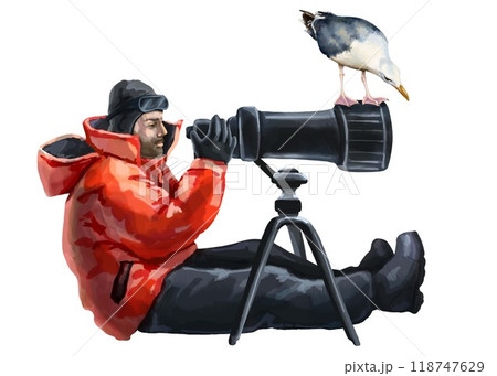 Polar photographer with a telescope, with a seagull perched on it. Can be used for illustrations in books, posters, travel agencies, advertising for environmental or nature exploring organizations. Polar photographer with a telescope, with a seagull perched on it. Can be used for illustrations in books, posters, travel agencies, advertising for environmental or nature exploring organizations. 118747629