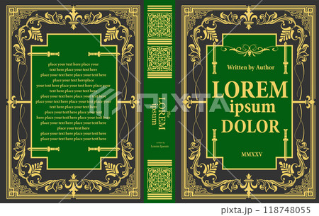 Ornate leather book cover and Old retro ornament frames. Royal Golden style design. Historical novel. Oriental style Vector illustration. Hand drawn illustration 118748055