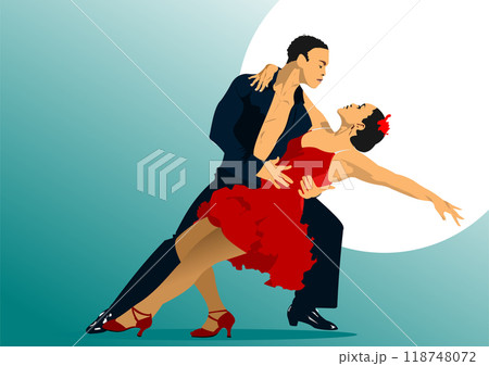 Couple dancing a tango. Vector Colored hand drawn 3d illustration 118748072
